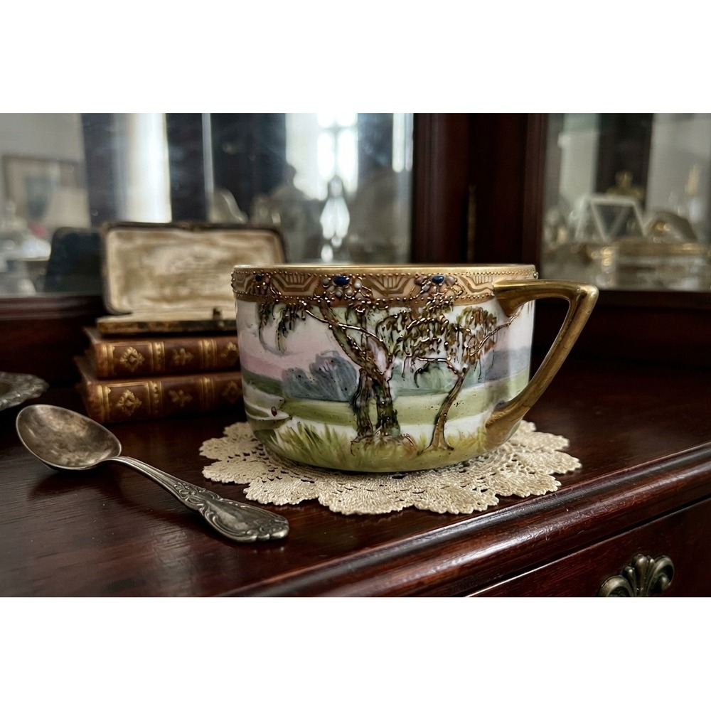 Antique Nippon Hand Painted Moriage Landscape Cup Bowl Gold Trim 1910-1921